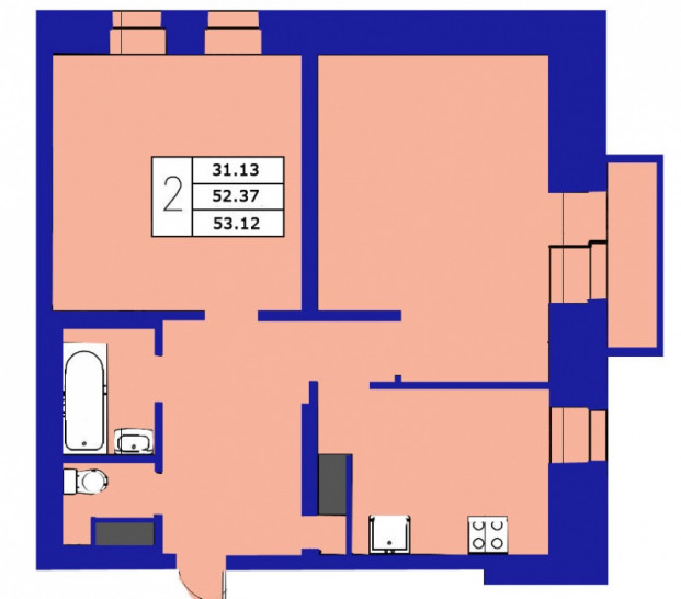 Двухкомнатная квартира 53.12 м²