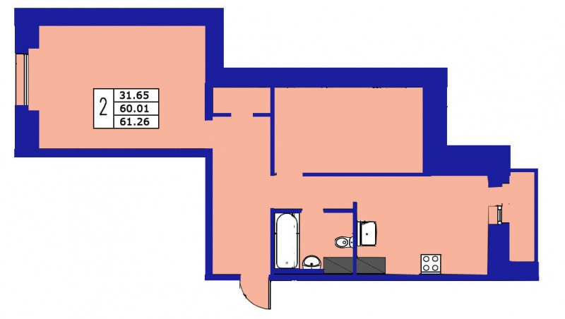 Двухкомнатная квартира 61.26 м²