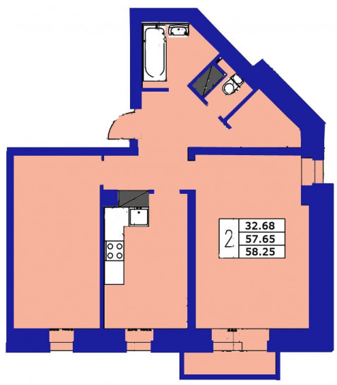 Двухкомнатная квартира 58.25 м²